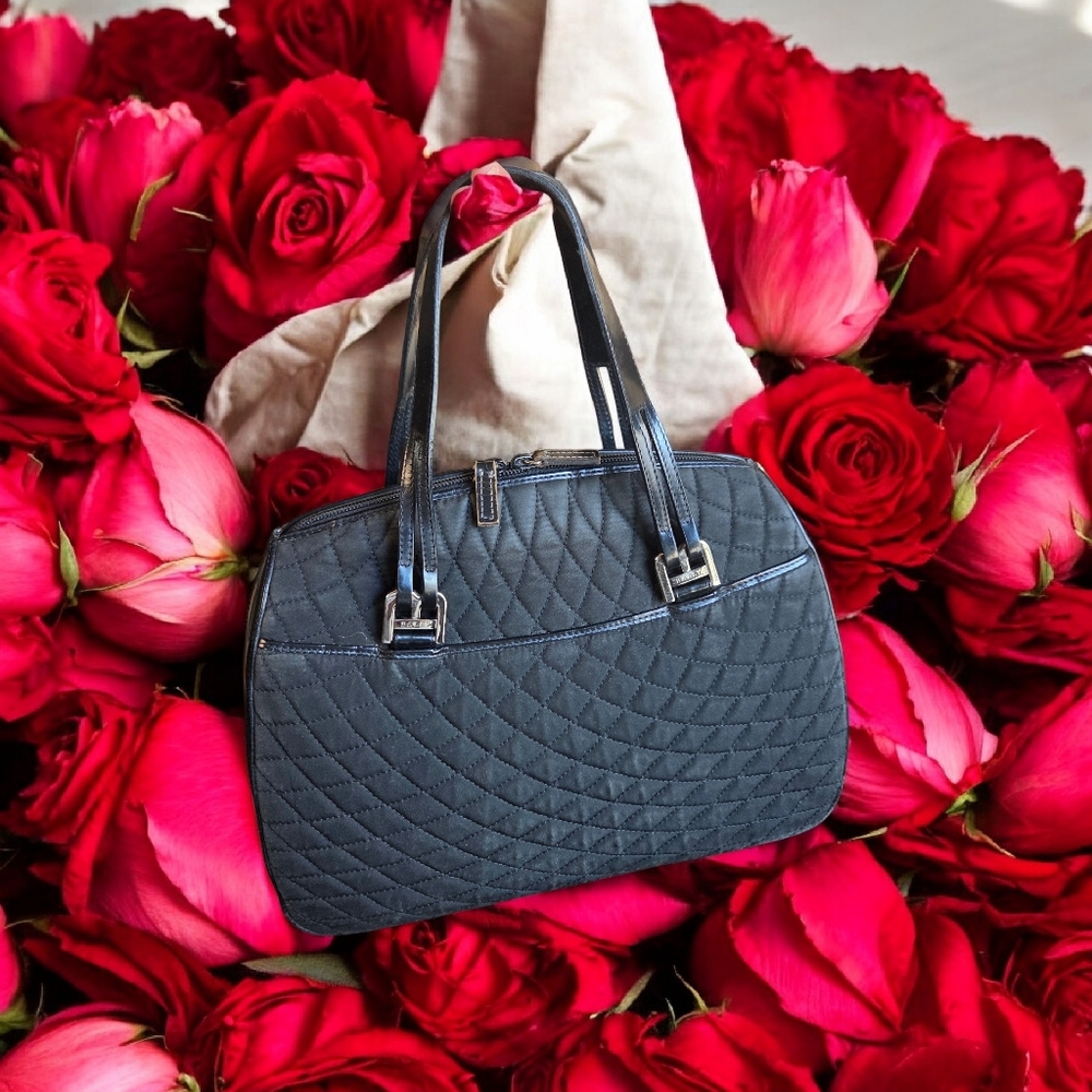 BALLY Black Quilted Nylon & Patent Leather Satchel Bag